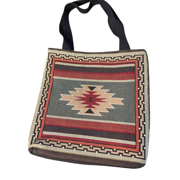Vtg Acorn Studio Southwestern Woven Tote Bag Lined Black Double Handles Estate - Picture 1 of 6